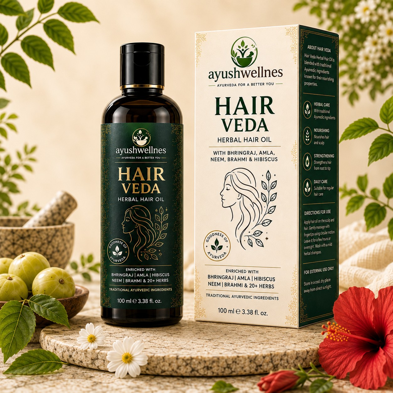 Hair Veda herbal hair oil bottle and box