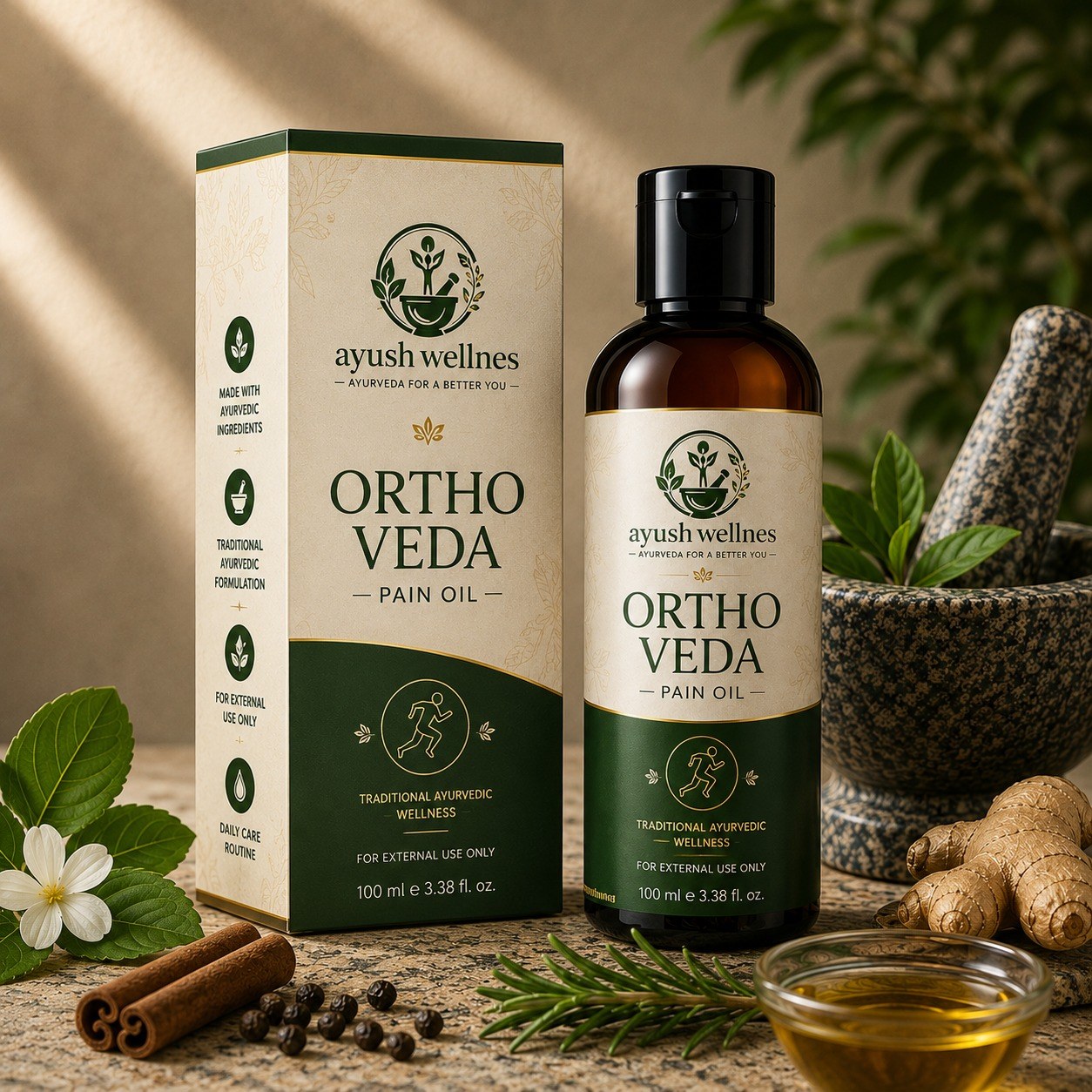 Ortho Veda pain oil bottle and box