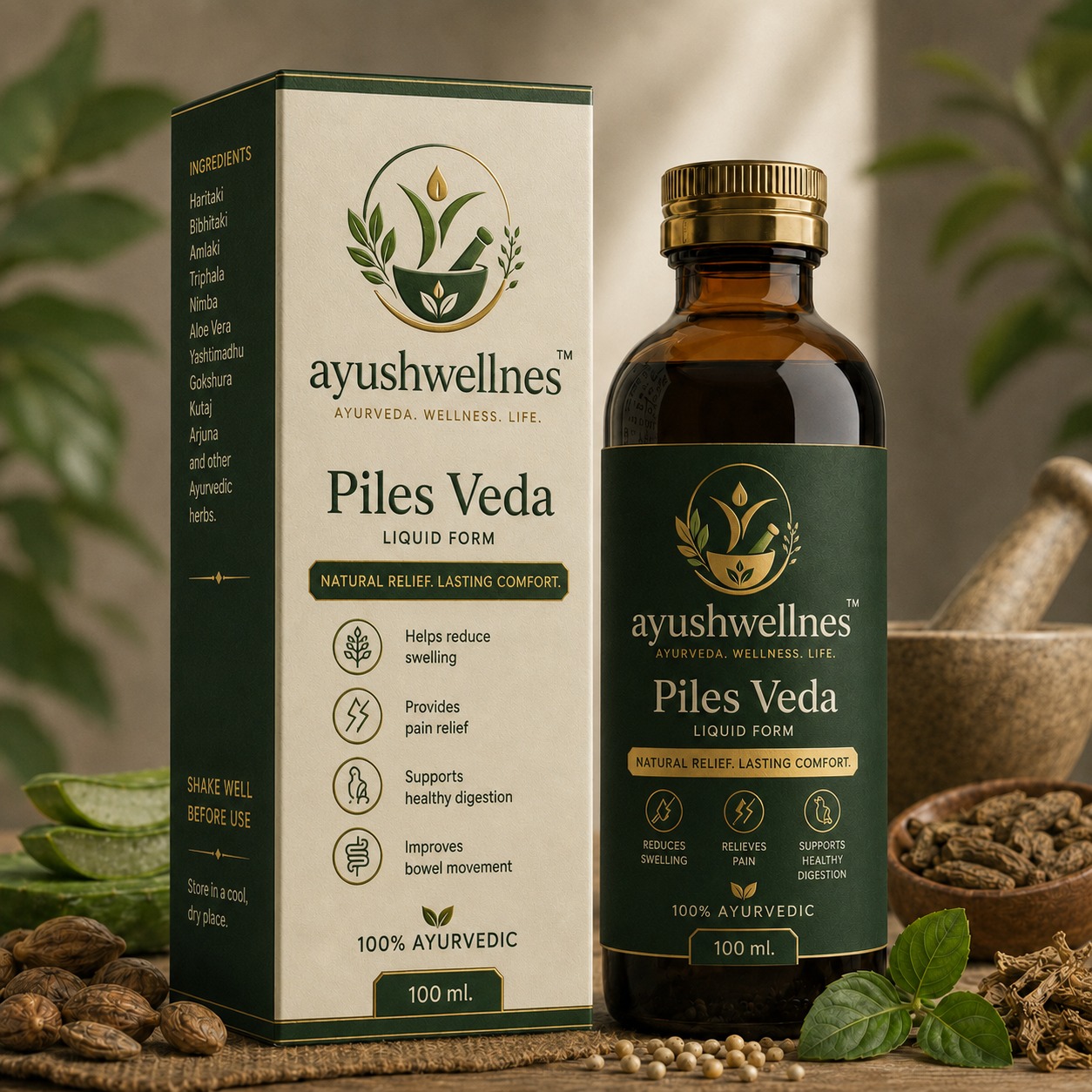 Piles Veda liquid bottle and box